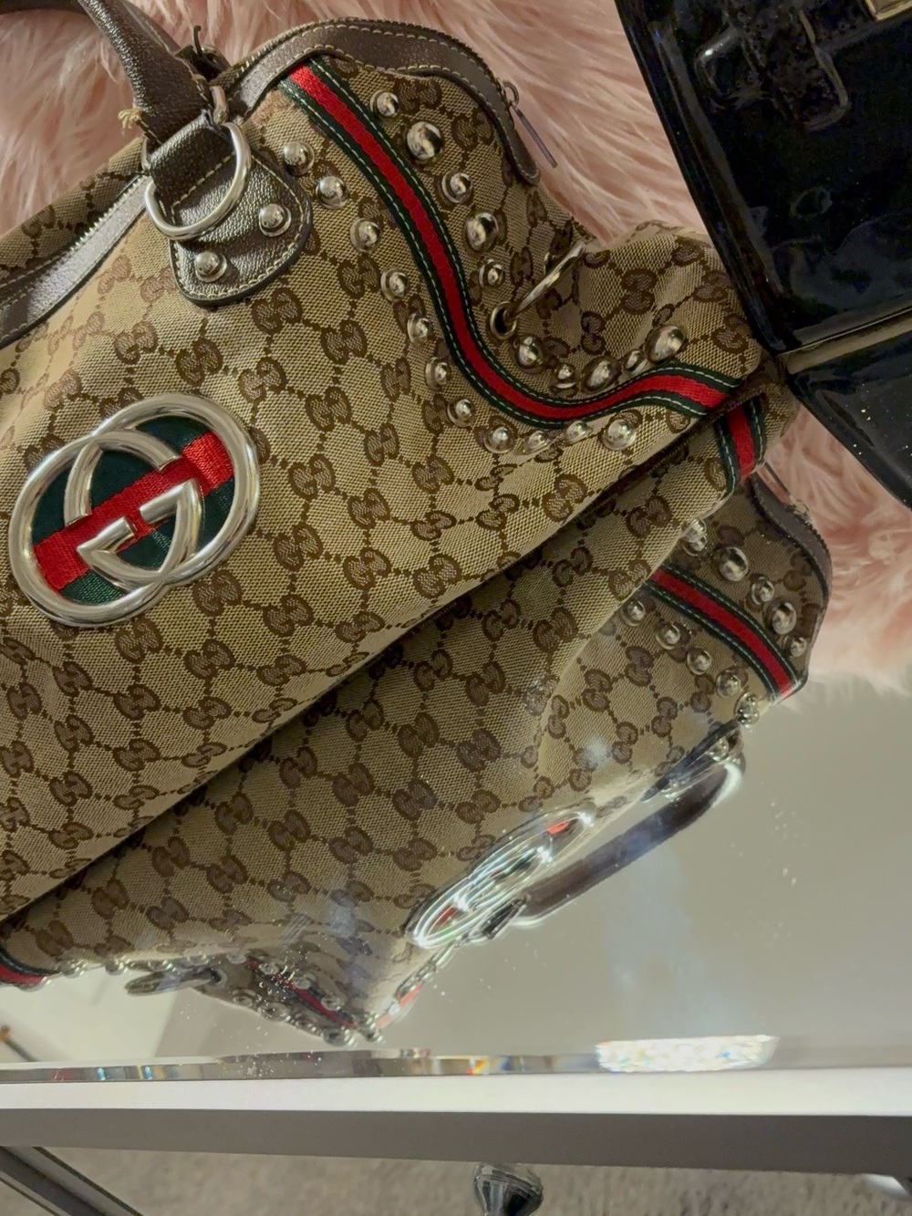 Brown GG Canvas Studded Satchel with Red & Green Web - Picture 2 of 12